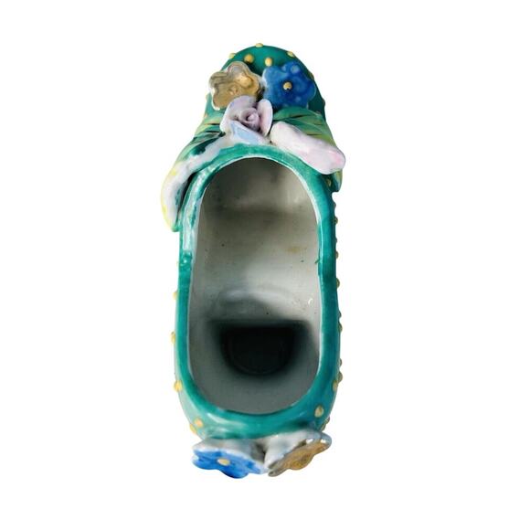 Vintage Hand Painted Shoe High Heel Polka Dots 3D Flowers Leaf Green 4" Japan - Picture 5 of 11